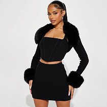 Fashionable Fur Collar Spliced ​​Long-sleeved Suspenders With Sexy Hip-hugging Short Skirt Suit DLS-85367