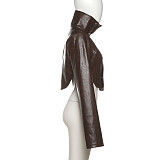 New High-neck Solid Color Zip-up Short PU Leather Jacket SXE-84468