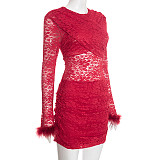 Round Neck Cross-chest Lace Furry Sleeves Patchwork Hip-hugging Gathered Dress XYWL-25DS372