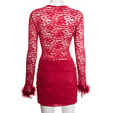 Round Neck Cross-chest Lace Furry Sleeves Patchwork Hip-hugging Gathered Dress XYWL-25DS372