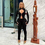 Fashionable Hollow Hook Zipper Top and Sexy Slim-fitting Trousers Two-piece Set DLS-84204