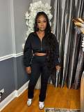Casual High-waisted Trousers And Zipper Cropped Jacket Two Pieces Sport SH-391438