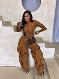 Solid Fitted Long Sleeve Top Wide-leg Pants Two Pieces PMR-814