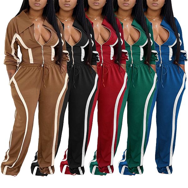 Autumn Winter Striped Long-sleeved Cardigan Straight Leg Trousers Two Piece Set AIL-335