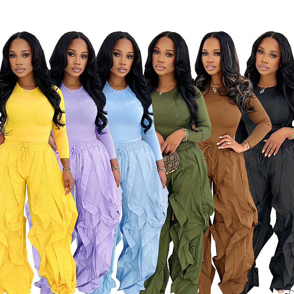 Solid Fitted Long Sleeve Top Wide-leg Pants Two Pieces PMR-814
