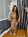 Casual High-waisted Trousers And Zipper Cropped Jacket Two Pieces Sport SH-391438
