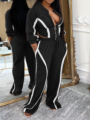 Autumn Winter Striped Long-sleeved Cardigan Straight Leg Trousers Two Piece Set AIL-335
