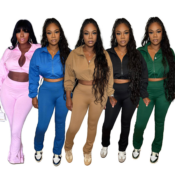 Casual High-waisted Trousers And Zipper Cropped Jacket Two Pieces Sport SH-391438