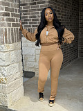 Casual High-waisted Trousers And Zipper Cropped Jacket Two Pieces Sport SH-391438