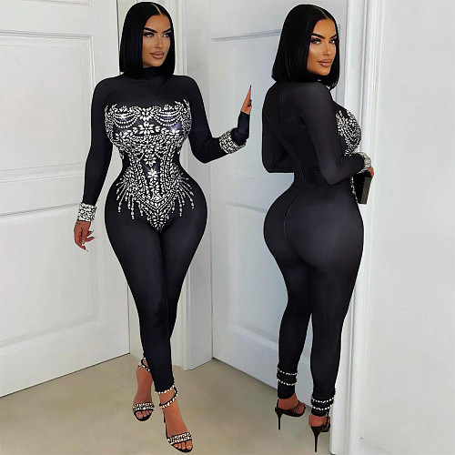 Fashionable Rhinestone Tight-fitting Long-sleeved Jumpsuit CYA-901649