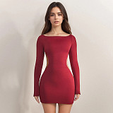 Sexy Solid Color Hollowed-out Long-sleeved Simple Off-shoulder Bodycon Dress MRA-45924