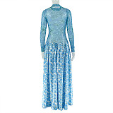 High-neck Printed Fitted Long-sleeved Patchwork A-line Dress JY-303539