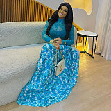 High-neck Printed Fitted Long-sleeved Patchwork A-line Dress JY-303539