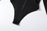 Sexy See-through Mesh Leather Patchwork Jumpsuit Slit Skirt Suit ZJQD-85634