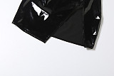 Sexy See-through Mesh Leather Patchwork Jumpsuit Slit Skirt Suit ZJQD-85634
