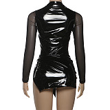 Sexy See-through Mesh Leather Patchwork Jumpsuit Slit Skirt Suit ZJQD-85634