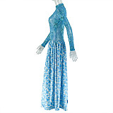 High-neck Printed Fitted Long-sleeved Patchwork A-line Dress JY-303539