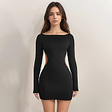 Sexy Solid Color Hollowed-out Long-sleeved Simple Off-shoulder Bodycon Dress MRA-45924