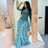 High-neck Printed Fitted Long-sleeved Patchwork A-line Dress JY-303539