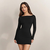 Sexy Solid Color Hollowed-out Long-sleeved Simple Off-shoulder Bodycon Dress MRA-45924