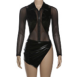 Sexy See-through Mesh Leather Patchwork Jumpsuit Slit Skirt Suit ZJQD-85634