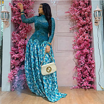 High-neck Printed Fitted Long-sleeved Patchwork A-line Dress JY-303539