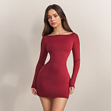 Sexy Solid Color Hollowed-out Long-sleeved Simple Off-shoulder Bodycon Dress MRA-45924