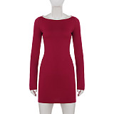 Sexy Solid Color Hollowed-out Long-sleeved Simple Off-shoulder Bodycon Dress MRA-45924