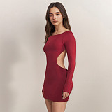 Sexy Solid Color Hollowed-out Long-sleeved Simple Off-shoulder Bodycon Dress MRA-45924