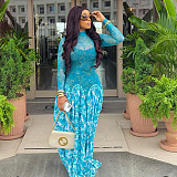 High-neck Printed Fitted Long-sleeved Patchwork A-line Dress JY-303539