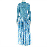 High-neck Printed Fitted Long-sleeved Patchwork A-line Dress JY-303539