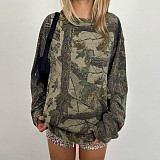 Retro Casual Camouflage Leaf Print Long-sleeved Crew Neck Sweatshirt MRA-40979