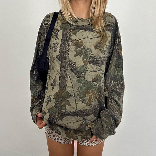 Retro Casual Camouflage Leaf Print Long-sleeved Crew Neck Sweatshirt MRA-40979