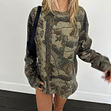 Retro Casual Camouflage Leaf Print Long-sleeved Crew Neck Sweatshirt MRA-40979
