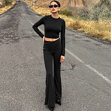 Solid Color Crew Neck Pullover Crop Top and High-waisted Flared Pants Set XYWL-25ST393