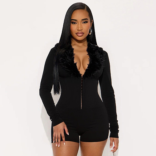Sexy Deep V-neck Long-sleeved Jumpsuit With Faux Fur Collar XYWL-25RP389