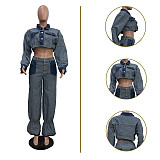 Casual Denim Cropped Jacket Tighten Trouser Legs Two Pieces Pants Set TR-1319