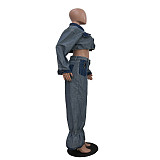 Casual Denim Cropped Jacket Tighten Trouser Legs Two Pieces Pants Set TR-1319