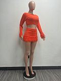 Fashionable Knitted Hand-crocheted Tassel Long-sleeved Bodycon Skirt Two-piece Set YUNM-58025