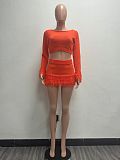 Fashionable Knitted Hand-crocheted Tassel Long-sleeved Bodycon Skirt Two-piece Set YUNM-58025
