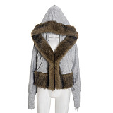 Stylish Hooded Cardigan with Fur Trim and Pockets Long-Sleeved Short Jacket Top XYWL-25TP395