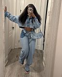 Casual Denim Cropped Jacket Tighten Trouser Legs Two Pieces Pants Set TR-1319