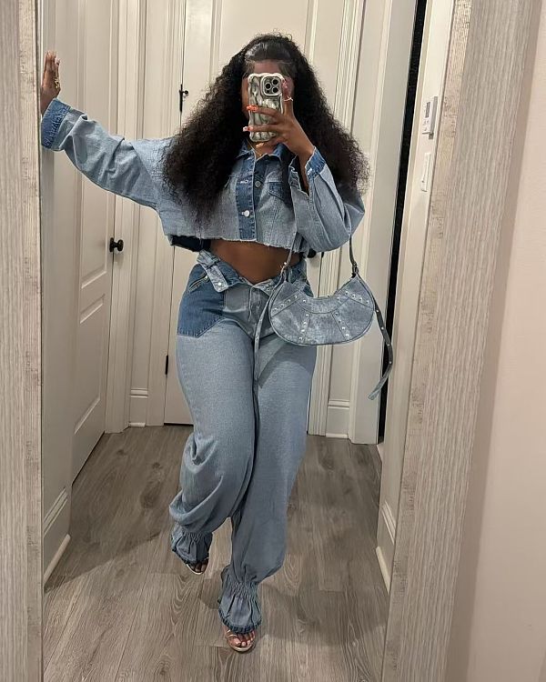 Casual Denim Cropped Jacket Tighten Trouser Legs Two Pieces Pants Set TR-1319