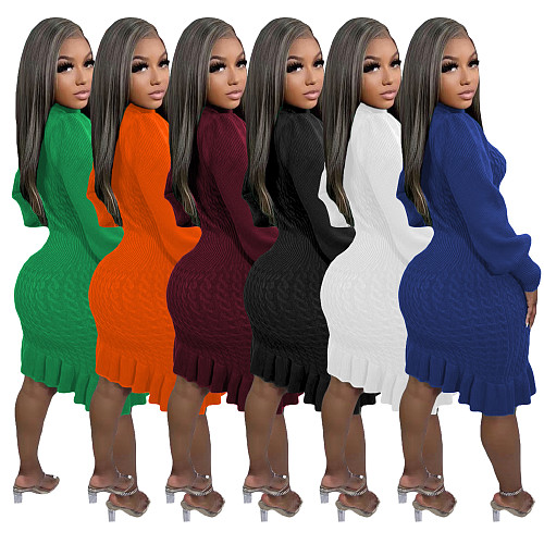 Knitted Ruffles Hem Turtleneck Knee-length Midi Dress TR-1232