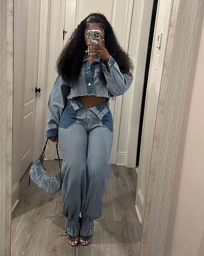 Casual Denim Cropped Jacket Tighten Trouser Legs Two Pieces Pants Set TR-1319