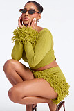 Fashionable Knitted Hand-crocheted Tassel Long-sleeved Bodycon Skirt Two-piece Set YUNM-58025