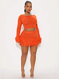 Fashionable Knitted Hand-crocheted Tassel Long-sleeved Bodycon Skirt Two-piece Set YUNM-58025