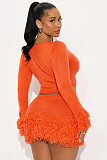 Fashionable Knitted Hand-crocheted Tassel Long-sleeved Bodycon Skirt Two-piece Set YUNM-58025