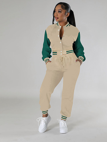 Stylish Baseball Jacket With Single-breasted Button Closure Two-piece Set