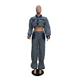 Casual Denim Cropped Jacket Tighten Trouser Legs Two Pieces Pants Set TR-1319